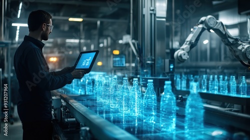 A person with a tablet monitoring a robotic arm in a high-tech industrial setting with holographic displays, likely overseeing a manufacturing process for bottles.