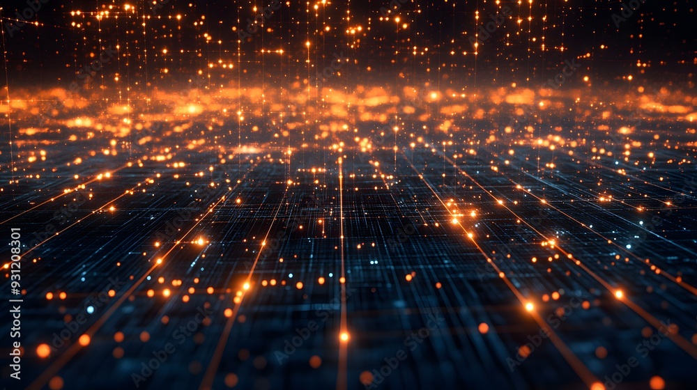 Obraz premium Glowing data points forming an abstract network on a dark grid