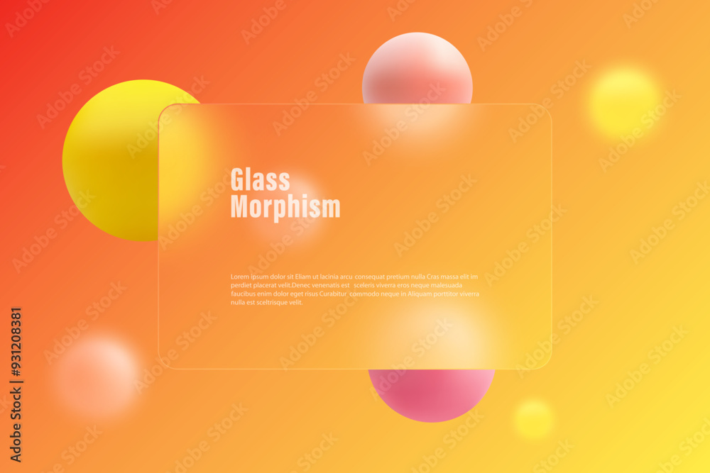 Fototapeta premium Vector template in steel glass morphism. Presentation screen with glass overlay effect on floating color gradient spheres.