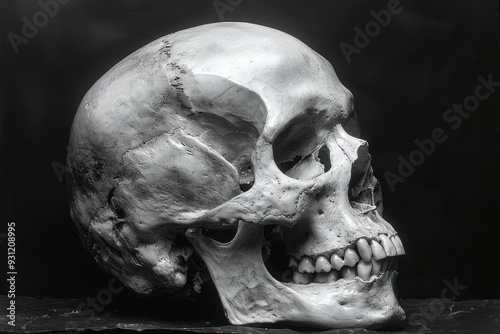 White Human Skull on Black Background - Symbol of Mortality and Horror