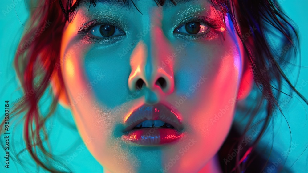 Obraz premium High fashion portrait of young korean woman, bright neon colors