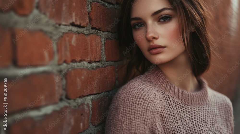 Stylish Young Woman in Sweater at Brick Wall Closeup Mockup Stylish Young Woman in Sweater at Brick Wall Closeup Mockup