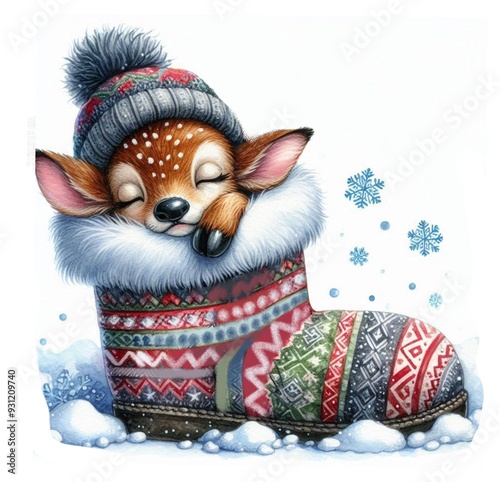 Christmas cute  animal watercolor drawin illustration, dog, cat, kitten, mouse, deer, fox, rabbit, piggy, raccoon, animal, drawing, holiday, art, vignetting, cartoon, watercolor, children, winter,  photo