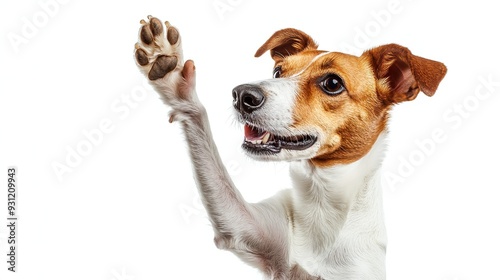 A cute dog with brown and white fur is raising his paw in the air as if to say hello, against a white background.