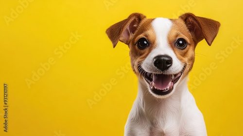 A cute Jack Russell Terrier dog smiling with its mouth open on a yellow background.