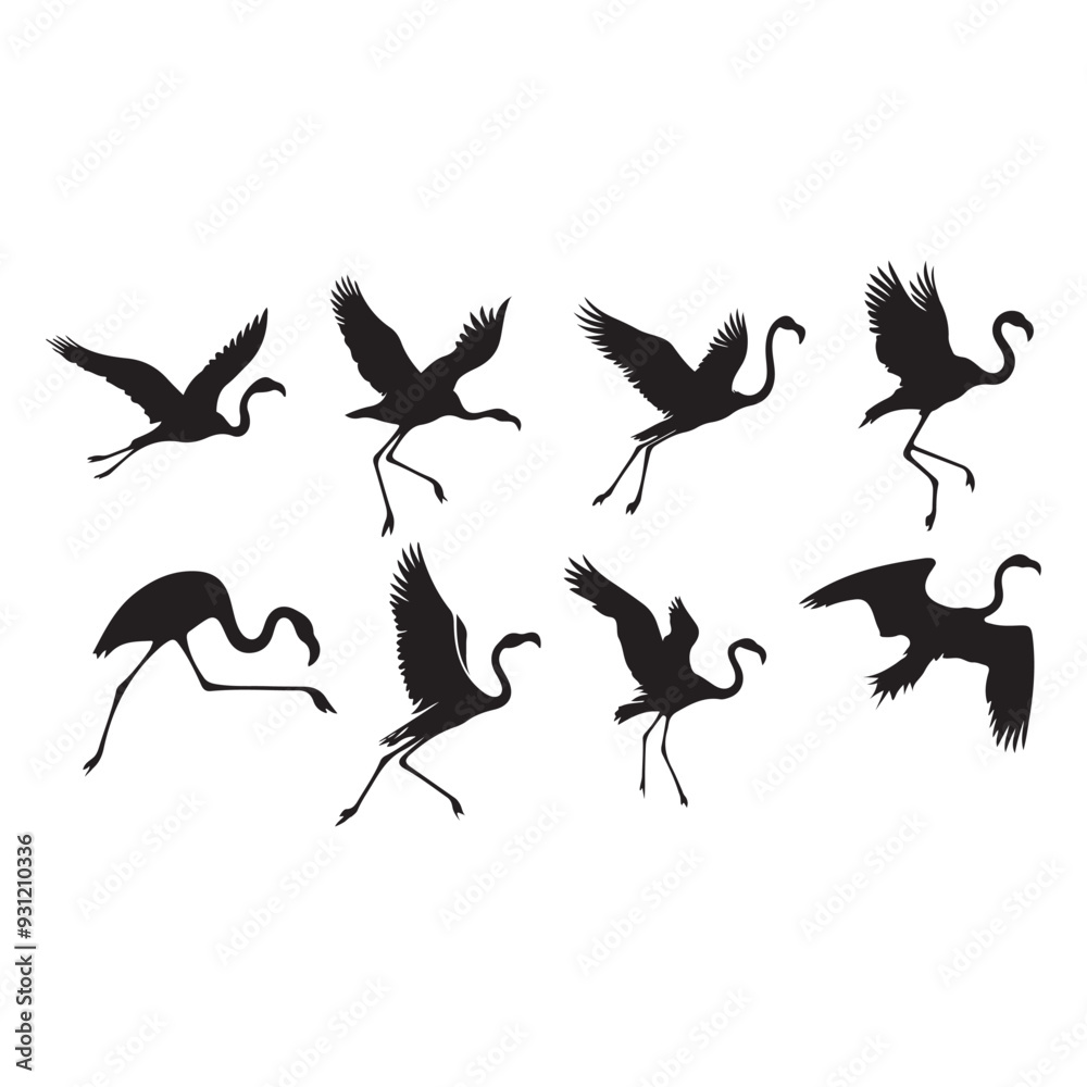 Obraz premium Set of silhouettes of flamingo birds ,Flamingo silhouettes set, large pack of vector silhouette design, isolated white background