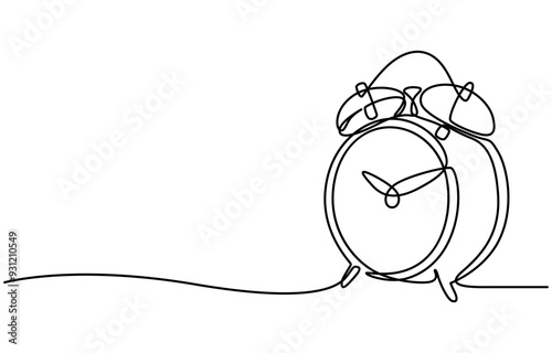 Single continuous line drawing of an alarm clock, Clock with arrow. One thin line continuous symbol, Continuous one line drawing of vintage alarm clock. Single line art illustration on the theme.
