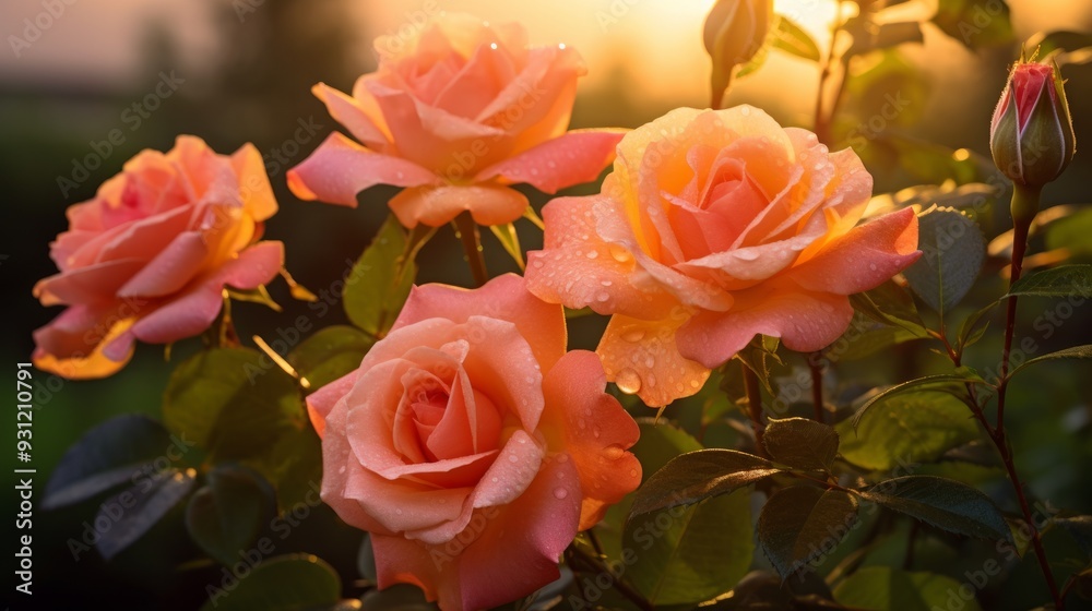Pink roses with drops of dew on natural background outdoors. Neural network ai generated art Pink roses with drops of dew on natural background outdoors. Neural network ai generated art