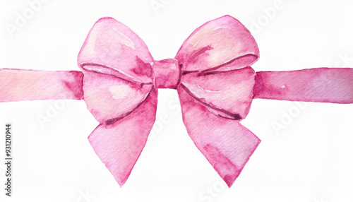 Watercolor painting of bright pink bow isolated on clear white background. Hand drawn art.