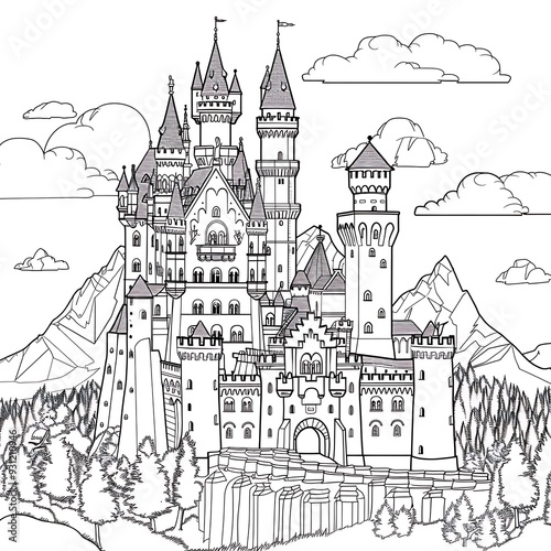 Black and White Line Drawing of a Fairytale Castle.