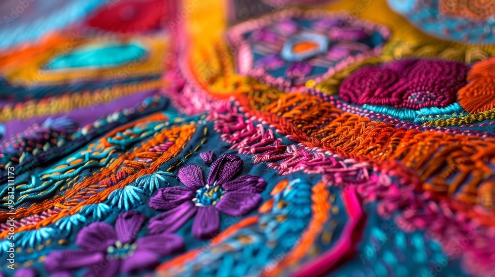 Vibrant, intricate embroidered fabric texture background with detailed stitching, showcasing artistic embroidery art. Vibrant, intricate embroidered fabric texture background with detailed stitching, showcasing artistic embroidery art.