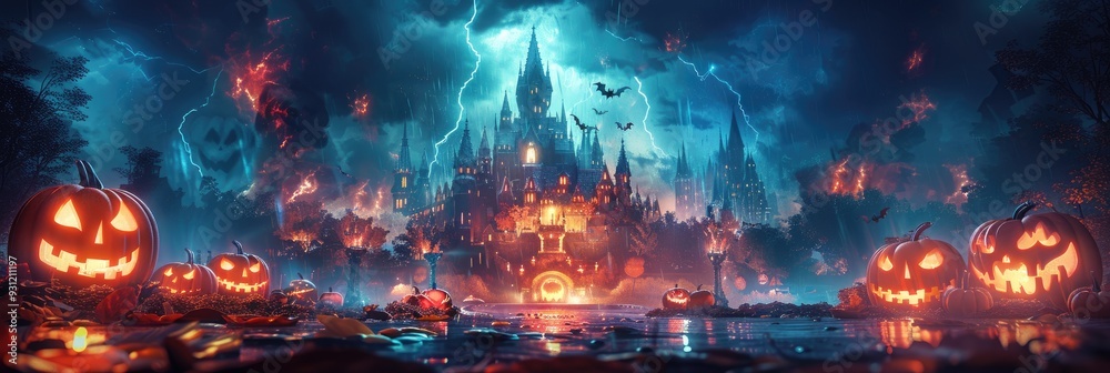 Spooky Halloween night scene with glowing pumpkins and haunted castle. Spooky Halloween night scene with glowing pumpkins and haunted castle.
