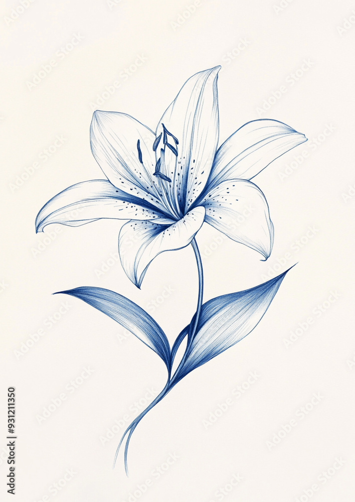 single lily, blue ink on white background, thin lines, tattoo design, subtle gradient shading, graceful curves and angles, graceful composition single lily, blue ink on white background, thin lines, tattoo design, subtle gradient shading, graceful curves and angles, graceful composition