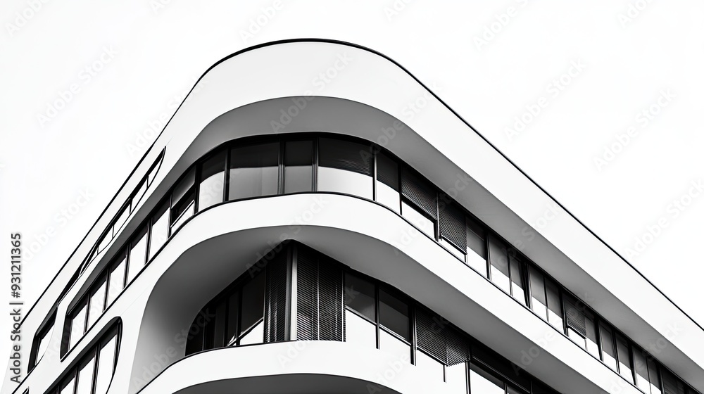 Obraz premium A black and white image of a modern building with curved edges and large windows.