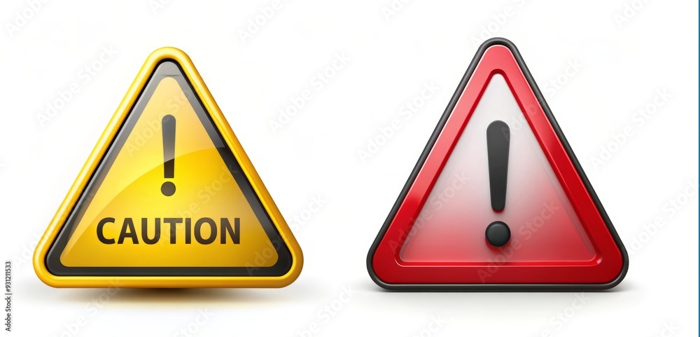Yellow and Red Caution Signs with Exclamation Mark. Yellow and Red Caution Signs with Exclamation Mark.