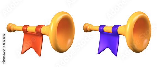 Set of golden horns with flags of different colors. Musical instruments of opposing armies