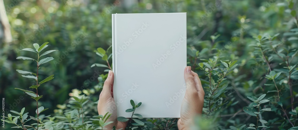 Hand holding white blank book in nature background with grass, green plants, and white flowers. Hand holding white blank book in nature background with grass, green plants, and white flowers.