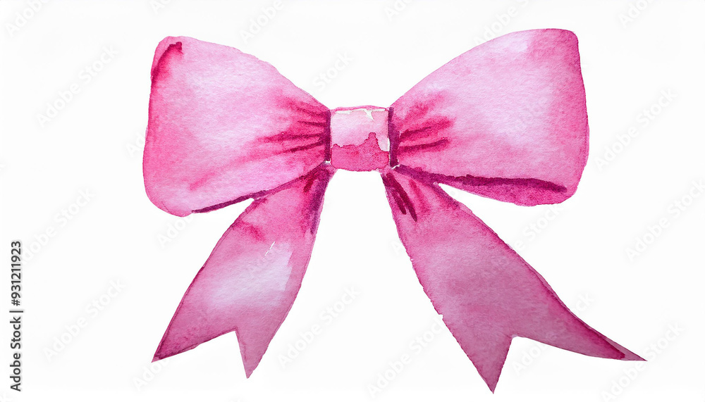 Watercolor painting of bright pink bow isolated on clear white background. Hand drawn art.