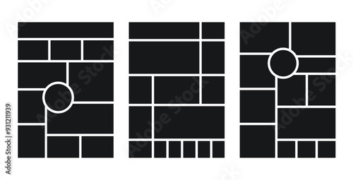 Collage template. Moodboard layout. Mood board background. Mosaic pictures album grid. Scrapbook images. Vertical poster designs.  Set photo frames. Vector illustration. Portrait orientation