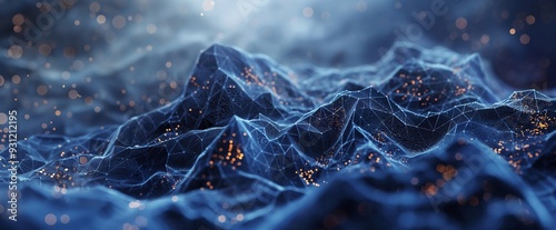 Abstract blue background showing a mountainous landscape made of lines and particles, representing concepts such as big data, blockchain and artificial intelligence