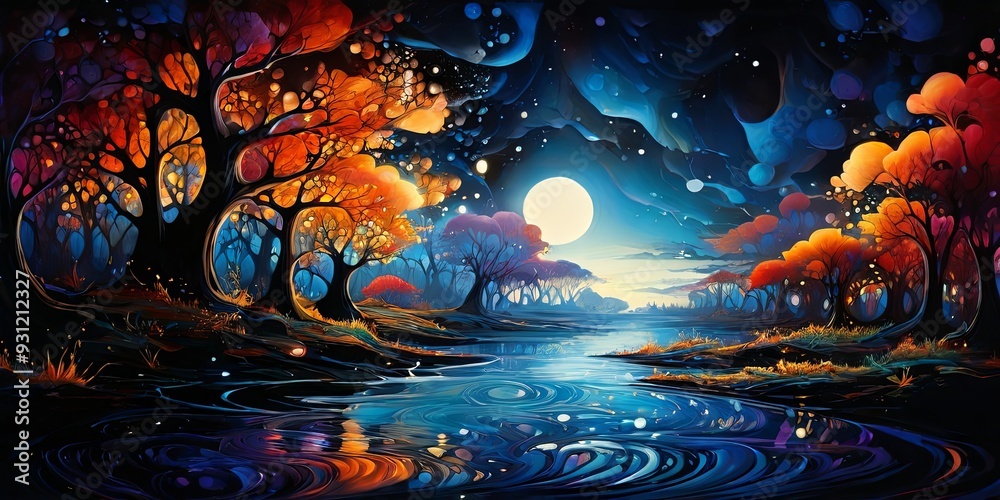 A painting of a forest with a moon in the sky A painting of a forest with a moon in the sky