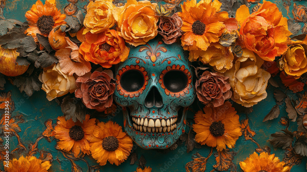 Skull-themed day of the dead (Dia de los Muertos) art, with traditional decorations and vibrant colors. Skull-themed day of the dead (Dia de los Muertos) art, with traditional decorations and vibrant colors.