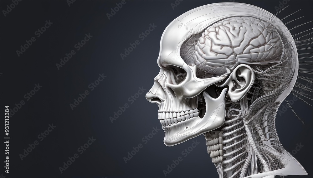 Human Skull Anatomy: Side View of Brain, Nerves, and Jaw in Medical Sketch with Copy Space Human Skull Anatomy: Side View of Brain, Nerves, and Jaw in Medical Sketch with Copy Space