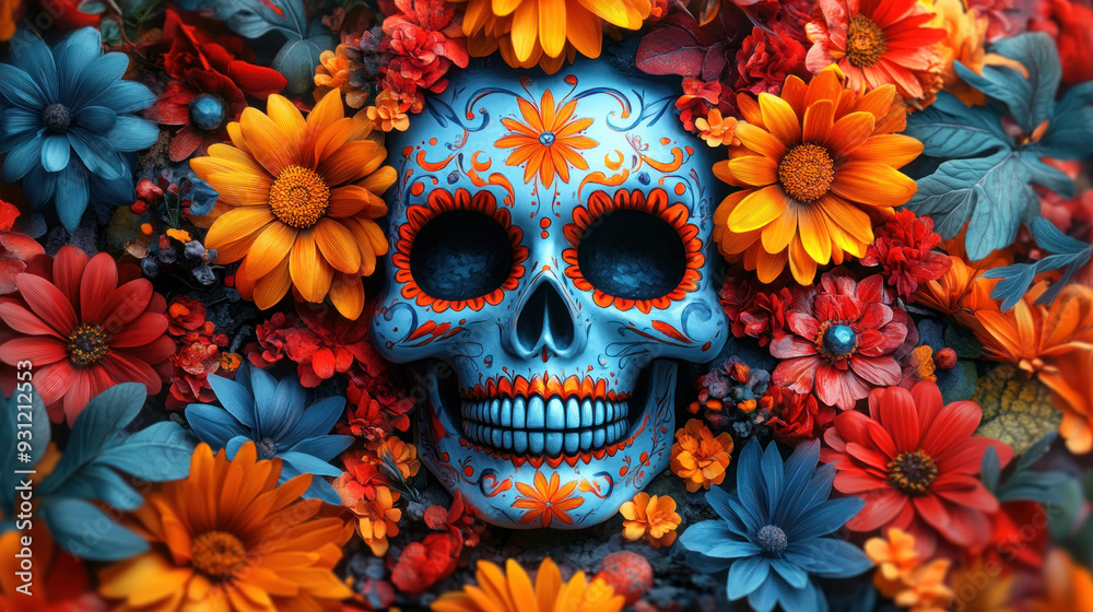Skull-themed day of the dead (Dia de los Muertos) art, with traditional decorations and vibrant colors. Skull-themed day of the dead (Dia de los Muertos) art, with traditional decorations and vibrant colors.