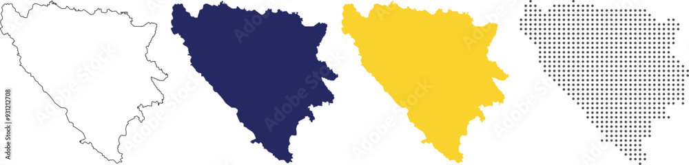 bosnia and herzegovina map in outline, blue color, yellow color, dotted style. bosnia and herzegovina map in outline, blue color, yellow color, dotted style.