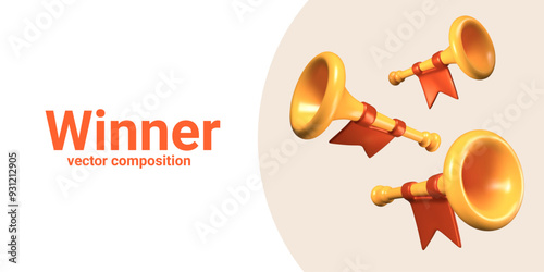 Straight pipe, bugle for winning, welcoming concepts. Yellow musical instrument