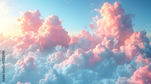 The sunrise unveils a breathtaking sky filled with pink and blue clouds illuminated by golden light, creating a serene and surreal scene that is peaceful and aweinspiring photo