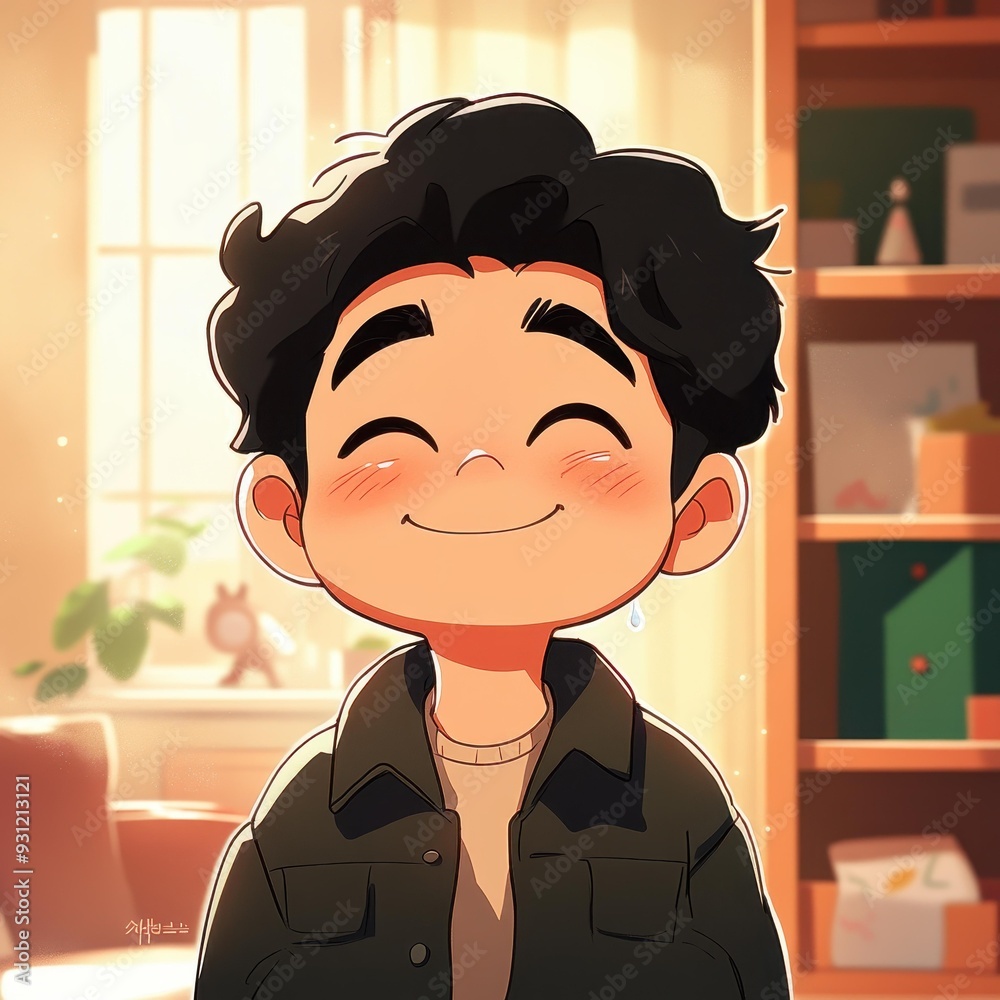 Φωτογραφία A charming chibi man beams proudly, a single tear glistening, in a warm, cozy living room filled with life