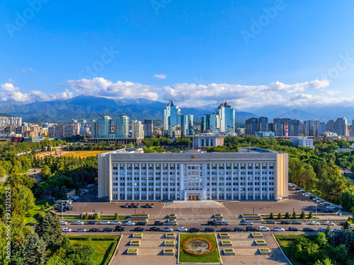 View from a quadcopter of the central part of the Kazakh city of Almaty  the city akimat (mayor's office) on a sunny summer day photo