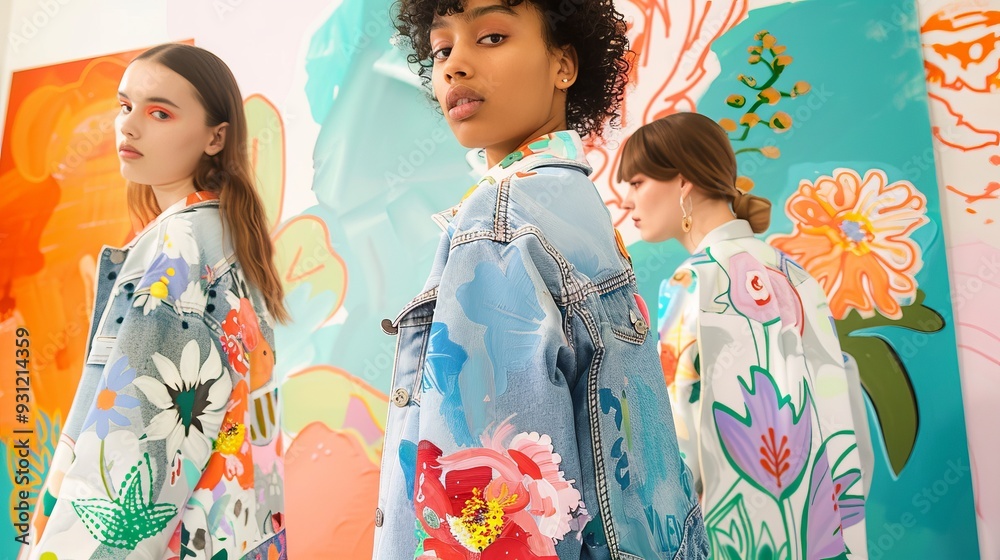 Boho models in hand-painted floral denim jackets against colorful backdrops, watercolor theme. Boho models in hand-painted floral denim jackets against colorful backdrops, watercolor theme.