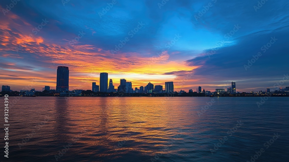 A cityscape with tall buildings at sunset with reflections in the water. A cityscape with tall buildings at sunset with reflections in the water.
