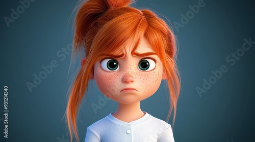 A grumpy yearold redhead with freckles, sporting a half ponytail, embodies Cinderellas second sisters playful style. photo