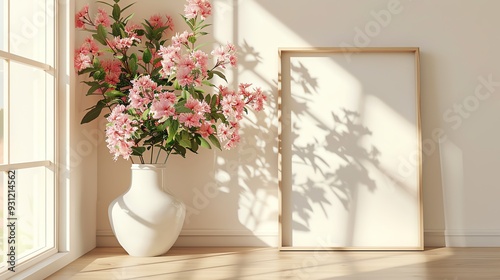 Design Scandinavian interior of living room with flowers in vase and mockup frame