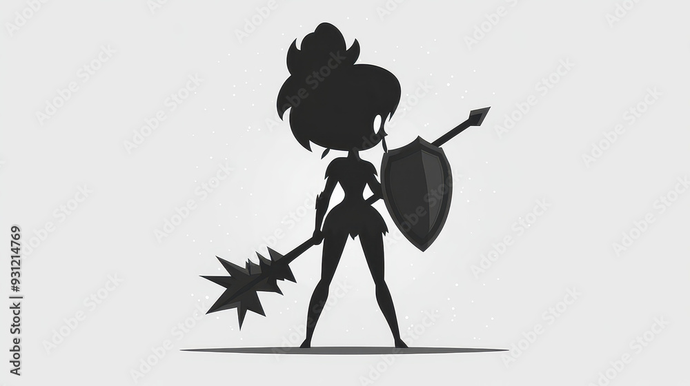 Fototapeta premium A striking silhouette of a knight girl wielding a spiked mace, showcasing strength and courage in modern vector art style.