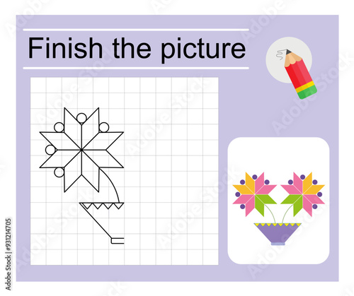 Educational game for children. Finish the picture - cartoon flowers. Coloring page. 
