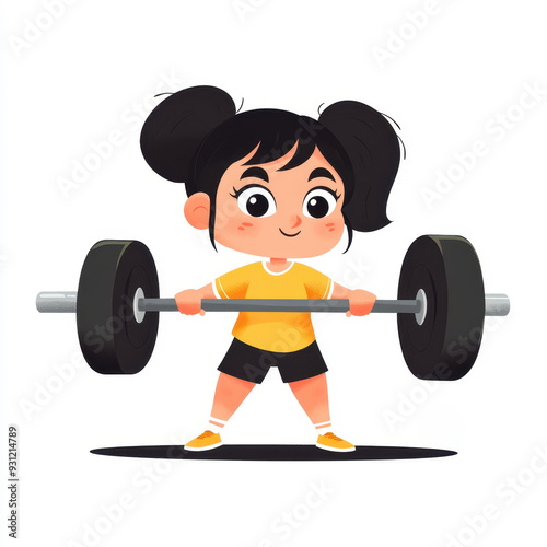 A vibrant cartoon girl lifts a heavy barbell, exuding strength and joy, showcasing empowerment in a minimalist gym scene.