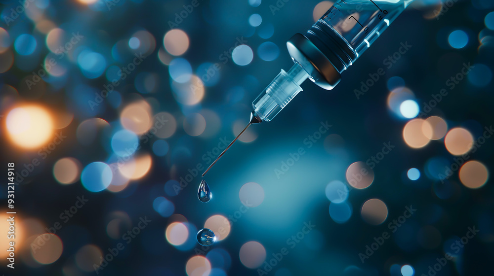 Syringe with droplet ready for medical injection in laboratory Syringe with droplet ready for medical injection in laboratory