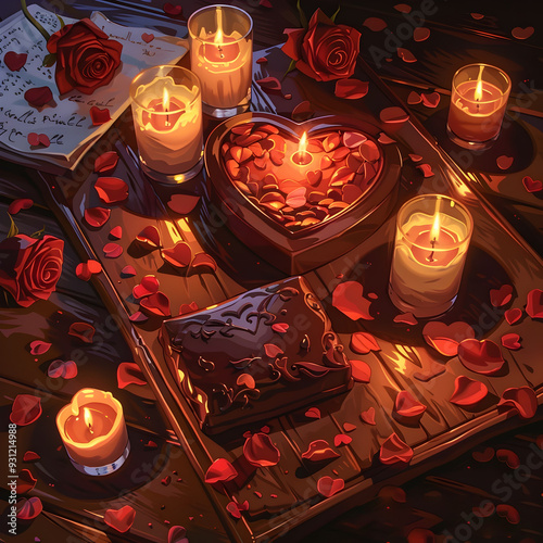 Romantic Valentine s Day Scene with Heart Shaped Chocolate Box Rose Petals and Candles