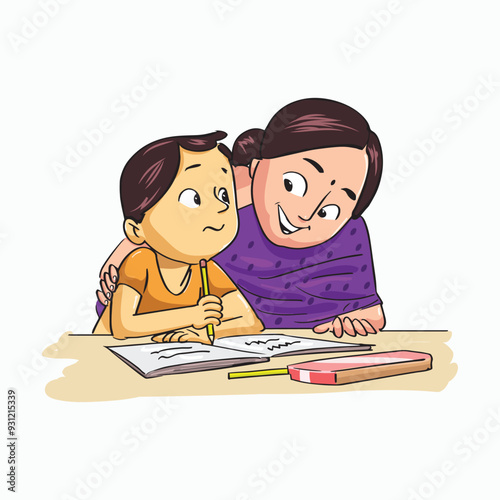 Mother teaching kid vector illustration