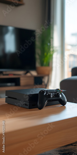 Gaming console with controllers on a table