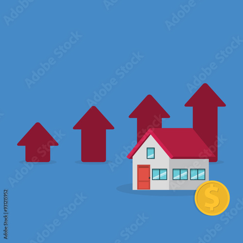 Arrows rise up above the house. The concept of growth in demand for real estate. Increase in the value of property, vector illustration	