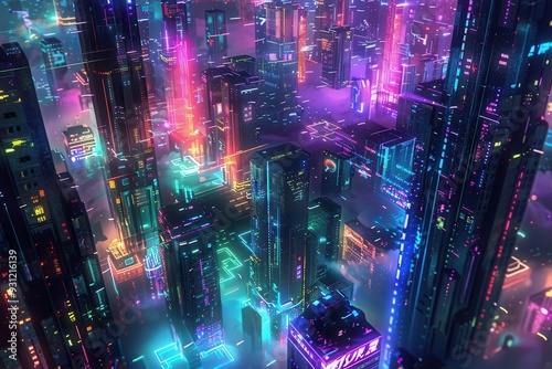 A futuristic holographic cityscape, with abstract buildings and floating structures glowing in neon hues.A futuristic holographic cityscape, with abstract buildings and floating structures glowing in 