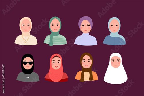 Set of woman wear hijab in trendy style. various muslim woman character avatar.