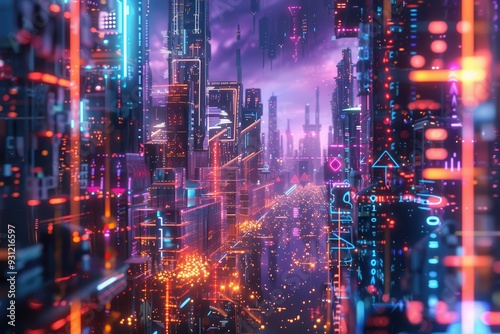 A futuristic holographic cityscape, with abstract buildings and floating structures glowing in neon hues.A futuristic holographic cityscape, with abstract buildings and floating structures glowing in 