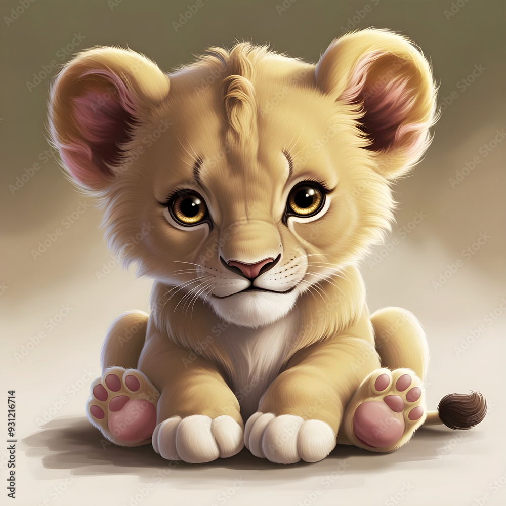 Adorable Baby Lion Cub with Big Brown Eyes and Fluffy Fur, Sitting with Pink Paw Pads - Realistic Digital Art Adorable Baby Lion Cub with Big Brown Eyes and Fluffy Fur, Sitting with Pink Paw Pads - Realistic Digital Art
