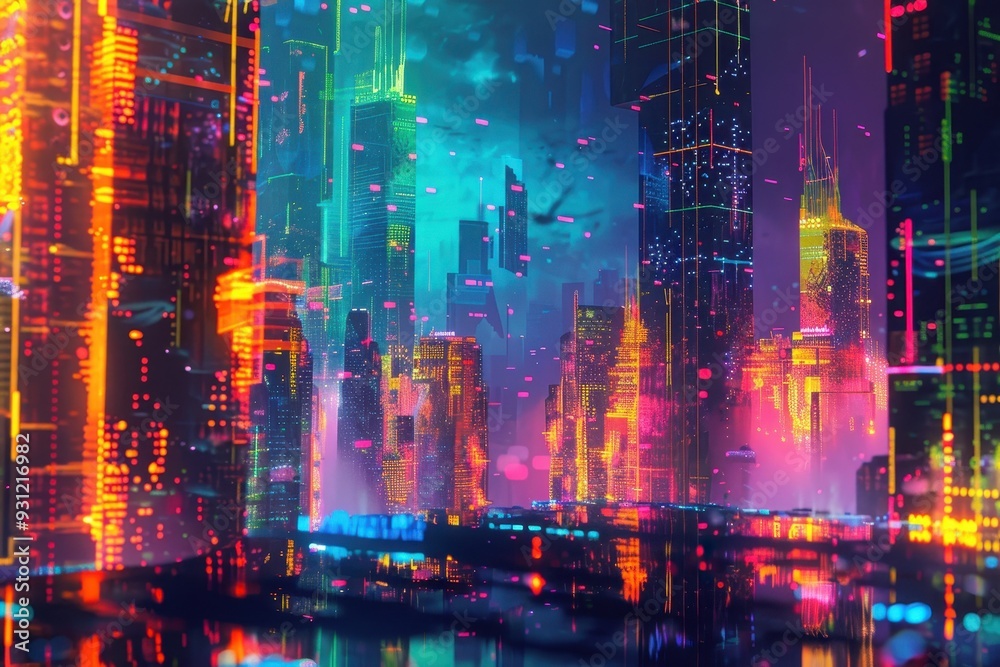 A futuristic holographic cityscape, with abstract buildings and floating structures glowing in neon hues.A futuristic holographic cityscape, with abstract buildings and floating structures glowing in A futuristic holographic cityscape, with abstract buildings and floating structures glowing in neon hues.A futuristic holographic cityscape, with abstract buildings and floating structures glowing in